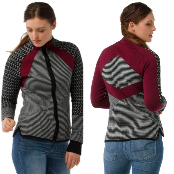 Smartwool Women's Dacono Ski Full-Zip Burgundy Black White Sweater - Picture 1 of 9